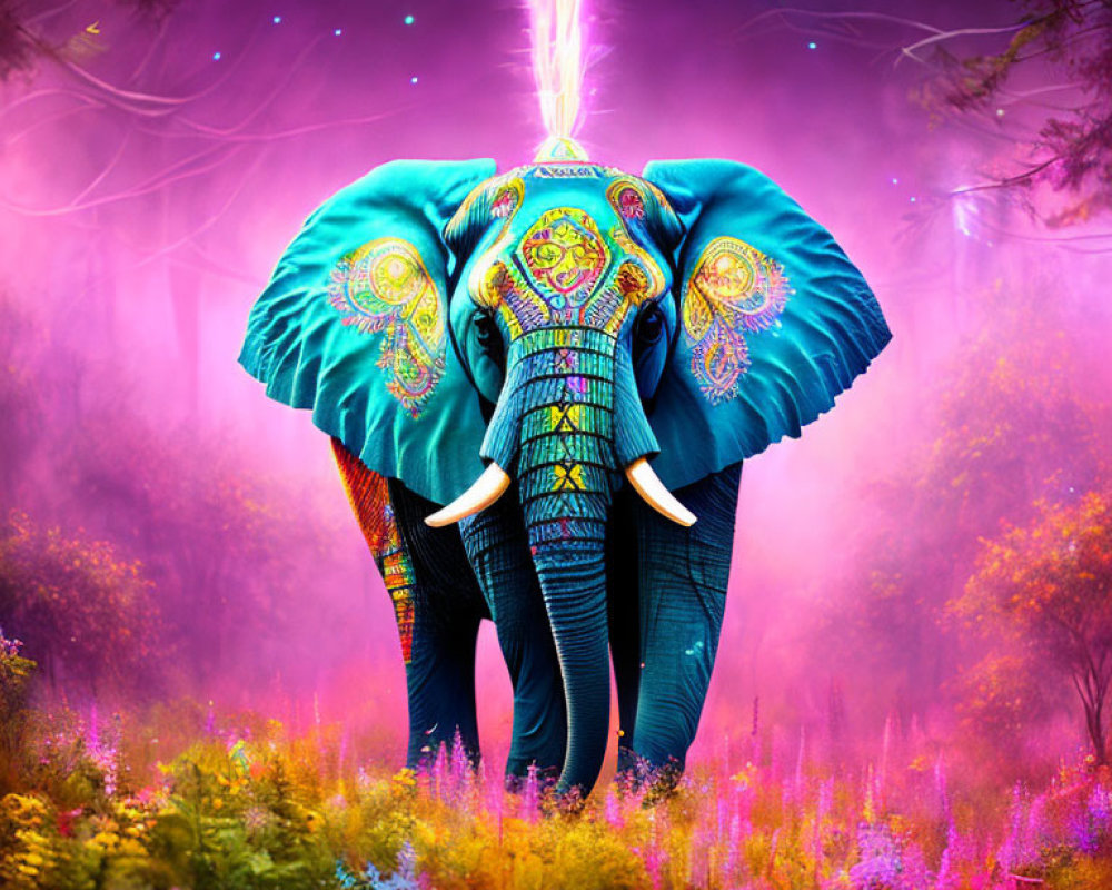 Colorful Adorned Elephant in Mystical Forest with Purple and Pink Hues