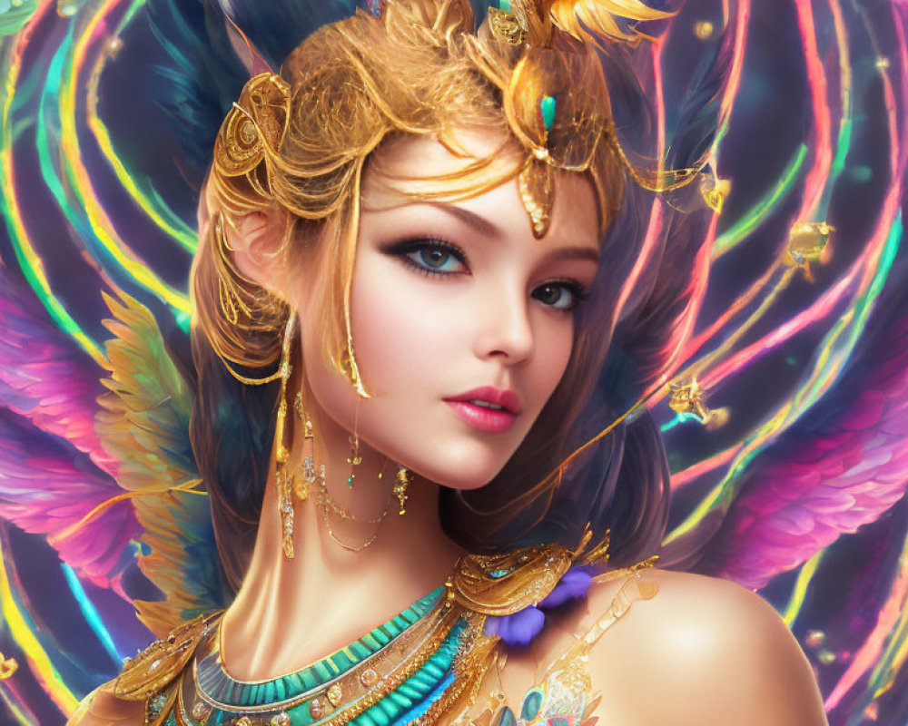 Fantasy female character with peacock feathers and golden jewelry in colorful swirl.