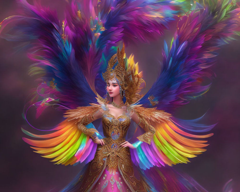 Golden Attired Woman with Multicolored Wings in Majestic Display