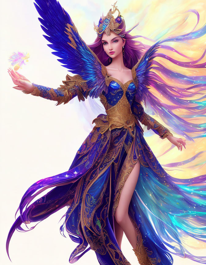 Fantasy female character with iridescent wings and glowing orb in blue and gold attire