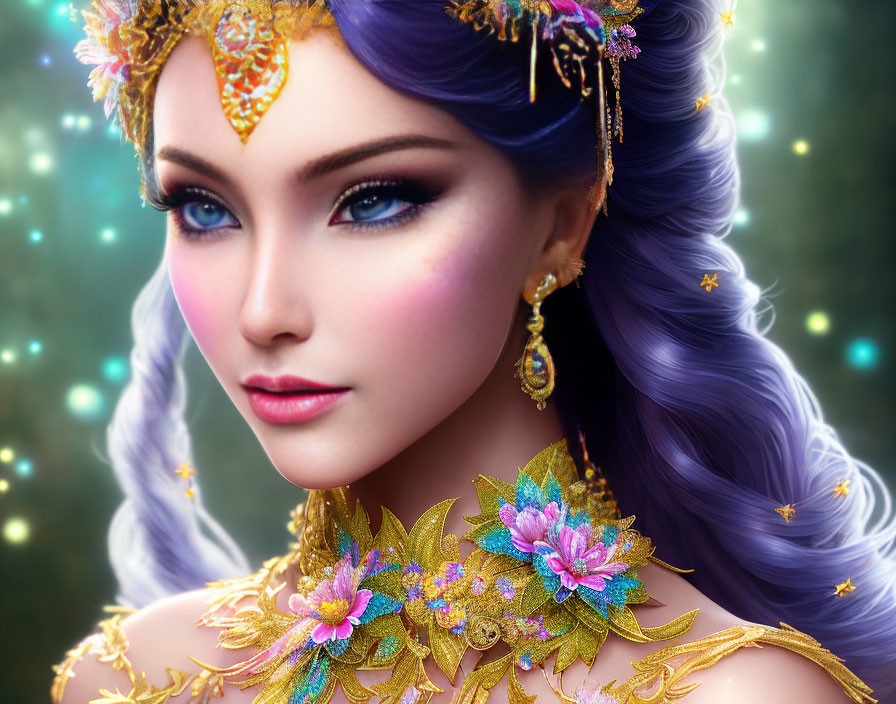 Illustration of woman with blue hair, golden jewelry, and floral necklace on green background