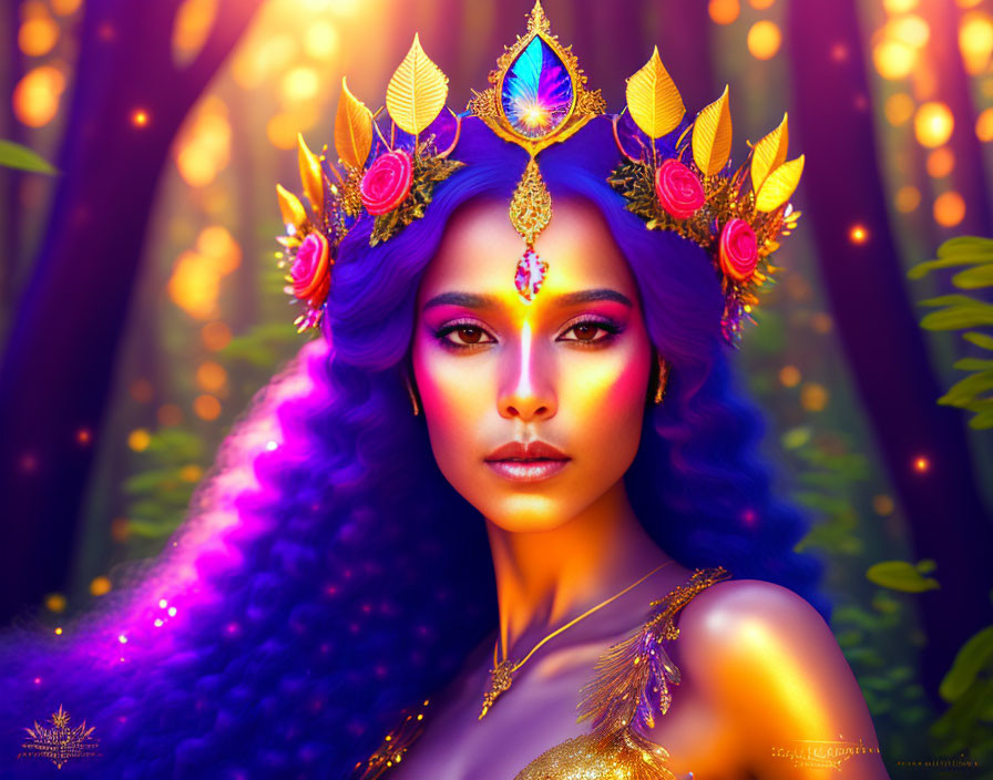 Vibrant purple-haired woman with golden crown in mystical forest portrait