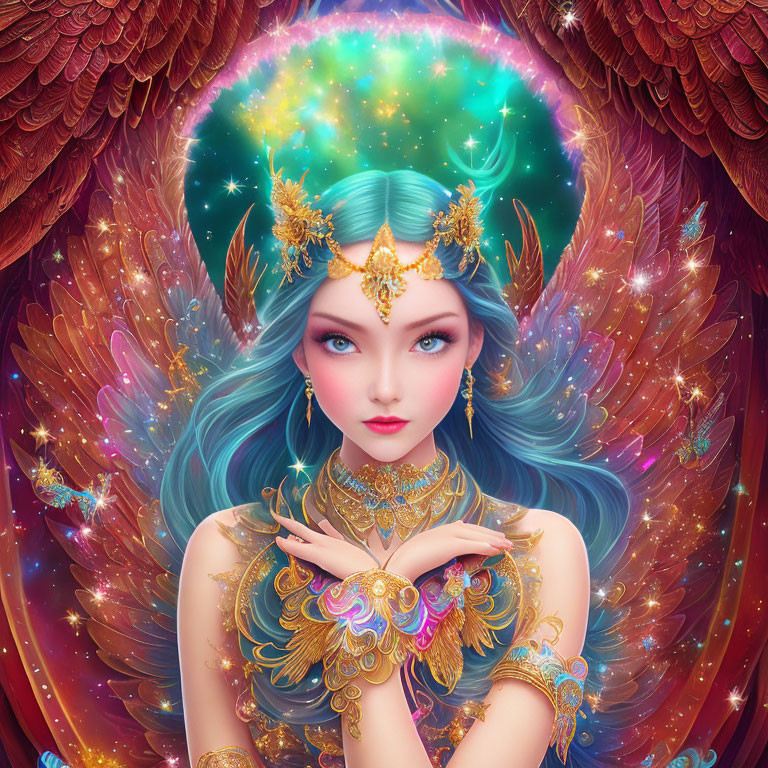 Colorful illustration of mystical woman with blue hair, golden jewelry, feathered wings, and space-themed