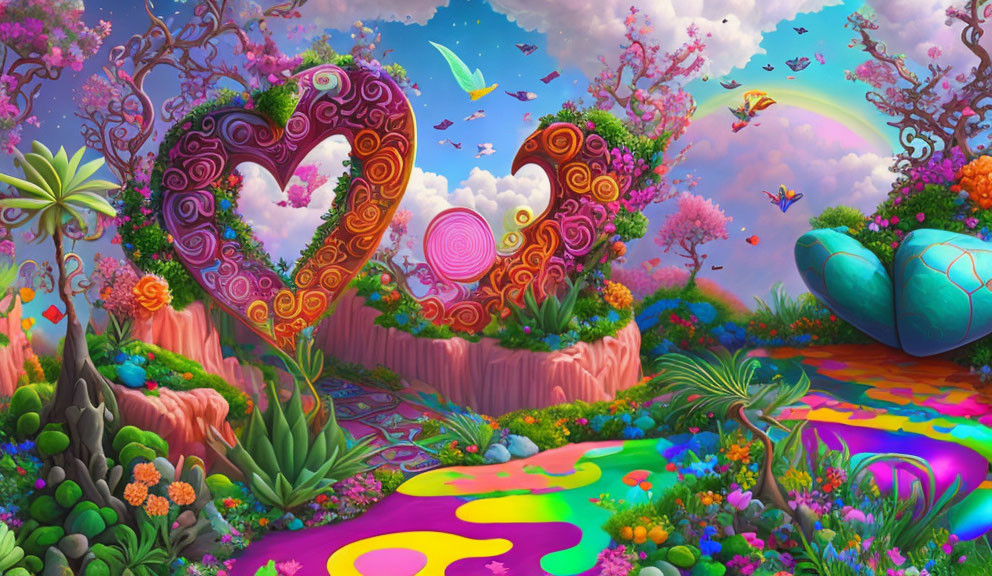 Fantasy landscape with heart-shaped structures and lush flora