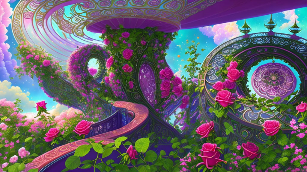 Fantasy landscape with ornate purple structures and pink clouds