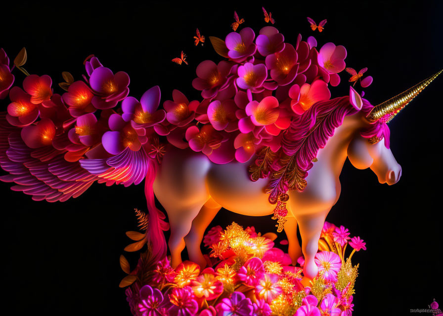 Colorful Unicorn Sculpture with Flowers and Butterflies on Dark Background