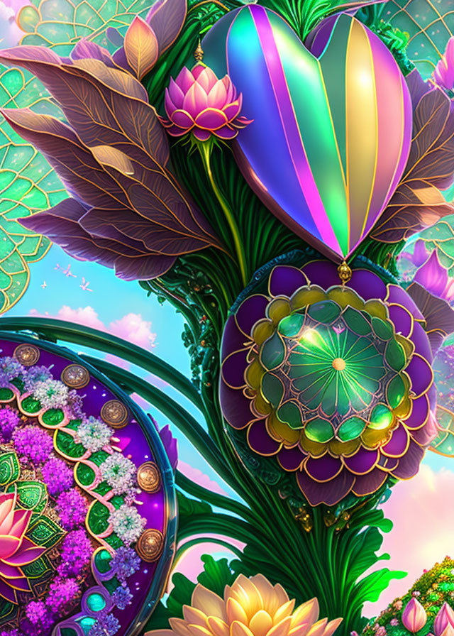 Colorful digital artwork: Heart-shaped object with flora and spheres