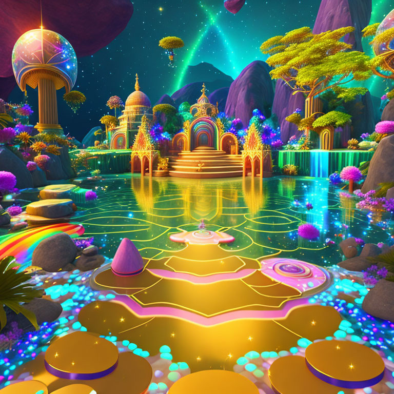 Nighttime Fantasy Landscape with Illuminated Buildings, Reflective Water, and Green Aurora