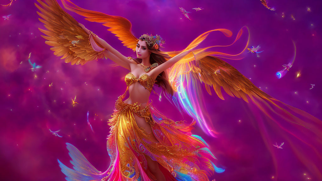 Ethereal woman with golden wings in regal attire on purple background