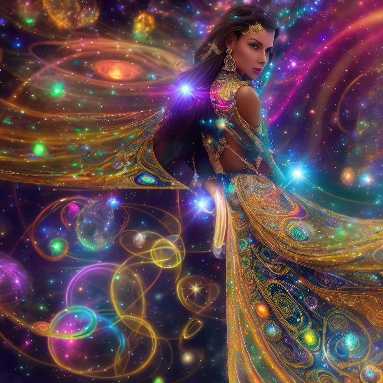 Cosmic-themed Woman in Front of Swirling Galaxies