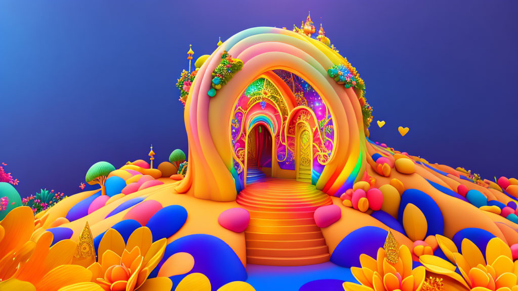 Colorful 3D illustration of whimsical castle on rainbow with flowers and hearts
