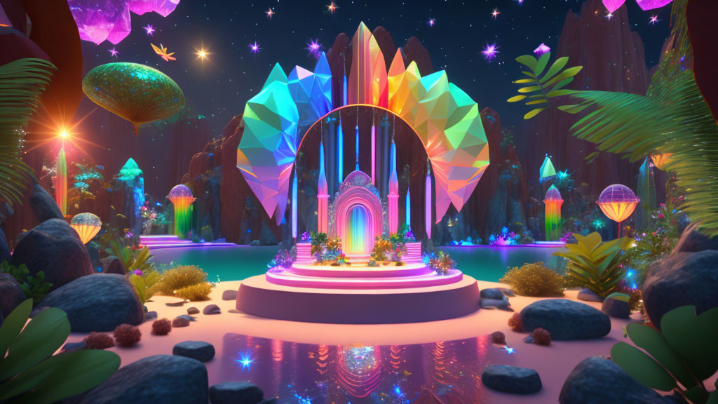 Colorful Fantasy Landscape with Crystal Portal Amid Tropical Foliage