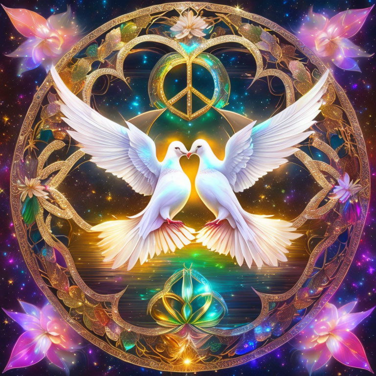 Fantasy image: Two white doves, peace symbol, Celtic circle, starry background.