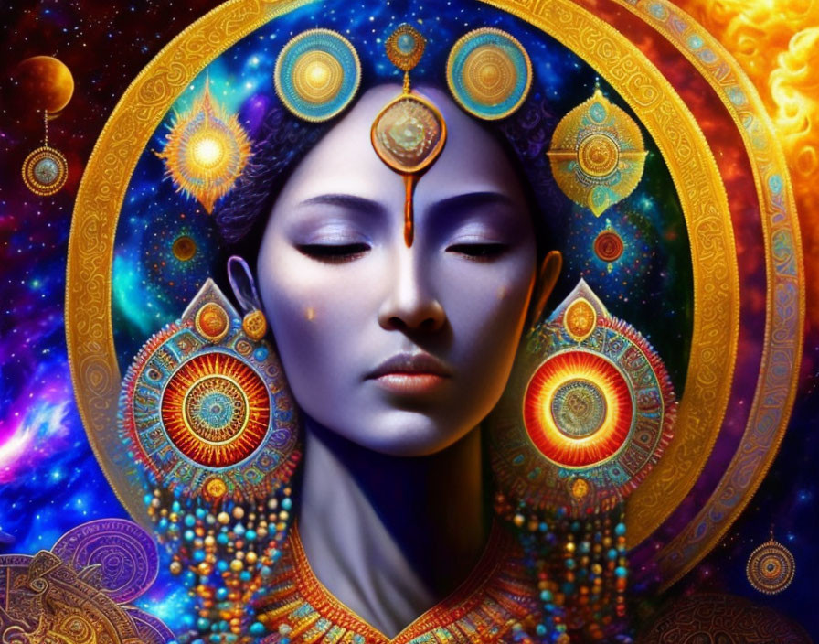 Colorful artwork featuring woman with cosmic headpieces amid stars