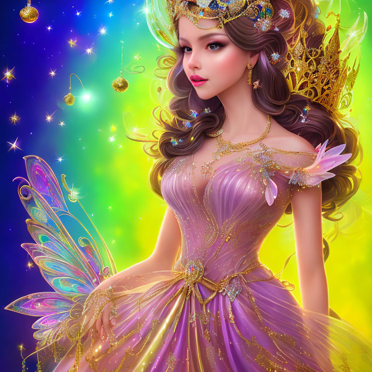 Fantastical digital art: fairy princess in purple dress with golden crown and wings in starry background