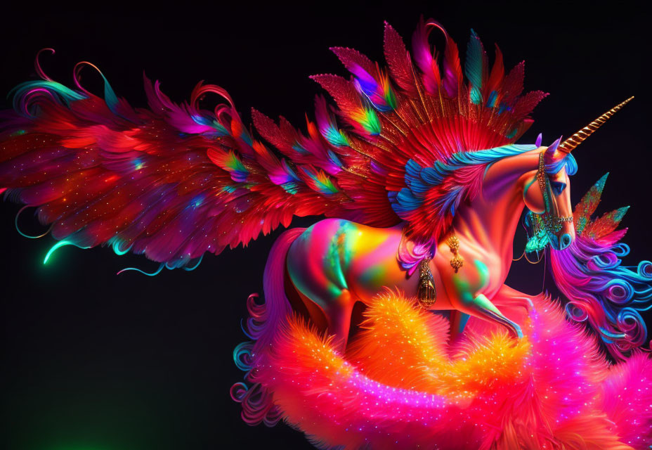 Mythical unicorn with feathered wings in vibrant digital art