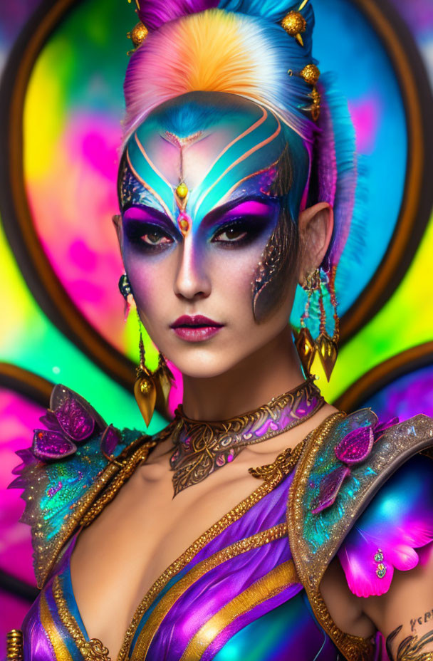 Colorful Body Paint and Butterfly Wing Shoulder Pieces in Purple, Gold, and Blue