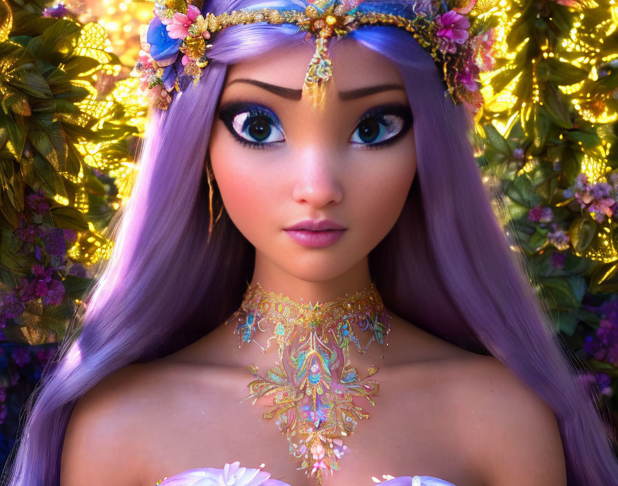 Digital artwork: Female character with purple hair, blue eyes, floral headpiece, golden jewelry, vibrant