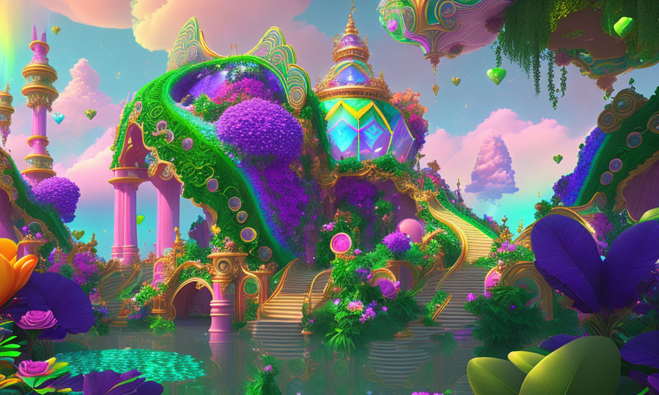 Colorful fantasy landscape with whimsical architecture and oversized flora