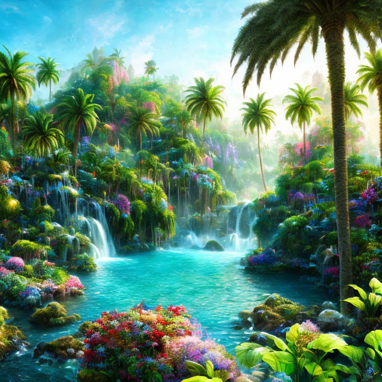 Lush Paradise with Waterfalls, Flowers, and Blue River