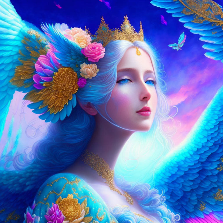 Fantastical digital artwork: Angelic woman with blue wings and golden crown.