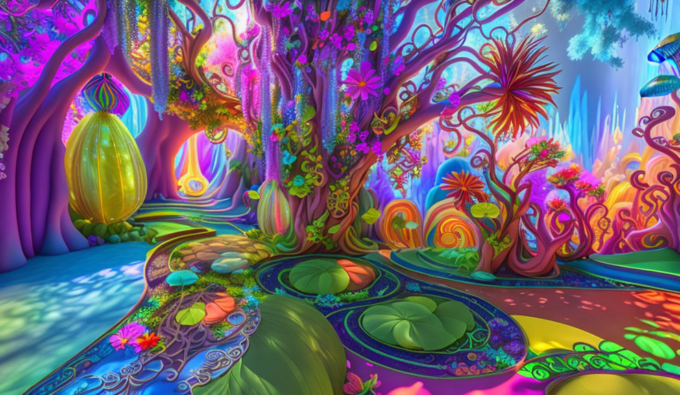 Colorful fantasy landscape with whimsical trees and shapes under dreamy sky