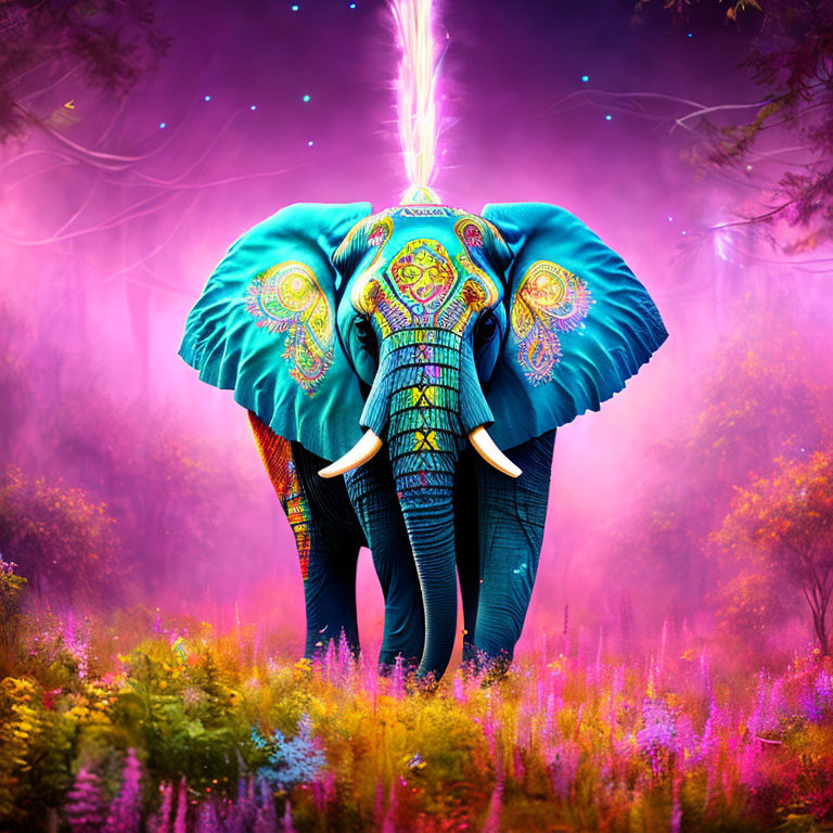 Colorful Adorned Elephant in Mystical Forest with Purple and Pink Hues