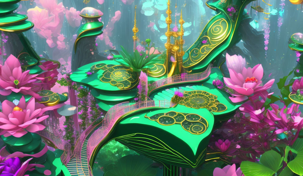 Fantastical landscape with pink lotus flowers, golden structures, and emerald pathways