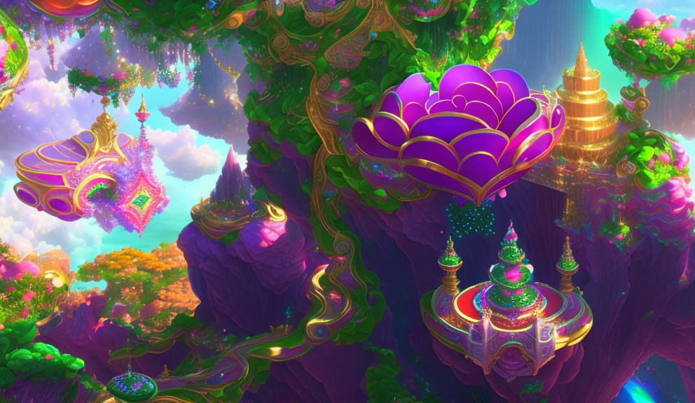 Colorful Fantasy Landscape with Floating Islands and Glowing Temples