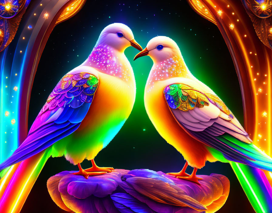 Vibrantly colored neon birds in cosmic setting with decorative frame