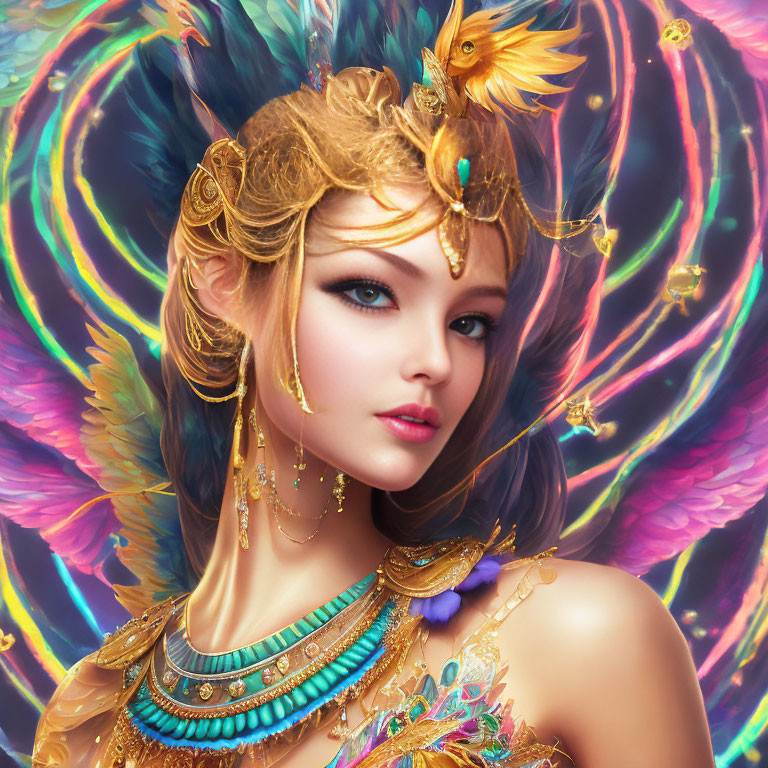 Fantasy female character with peacock feathers and golden jewelry in colorful swirl.