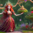 Red-haired animated princess in detailed gown with flowers in magical forest
