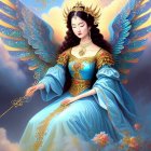 Ethereal figure with angelic wings in blue dress and harp against celestial backdrop