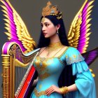 Regal figure with golden wings playing harp in blue and gold gown