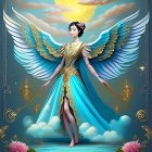 Majestic winged figure in teal and gold gown with celestial motifs.