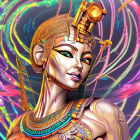 Fantasy female character with peacock feathers and golden jewelry in colorful swirl.