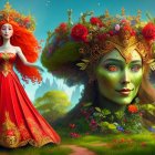 Colorful fantasy forest scene with two animated characters in unique outfits