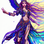 Fantasy female character with iridescent wings and glowing orb in blue and gold attire