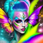 Colorful digital portrait of a person with butterfly features and cosmic background