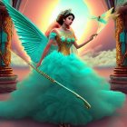 Majestic figure in teal gown with butterfly wings and scepter on ornate background