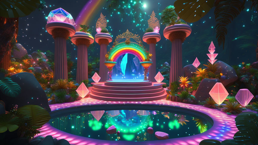 Vibrant digital landscape with rainbow, waterfall, crystals, and exotic foliage