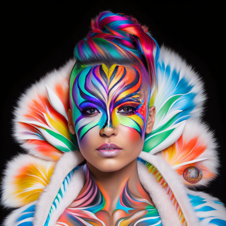 Colorful face paint and multicolored hair updo with feathery collar