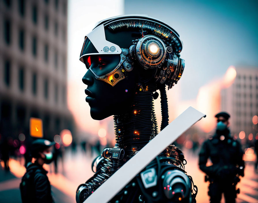 Detailed mechanical head and neck design on futuristic robot in urban backdrop.