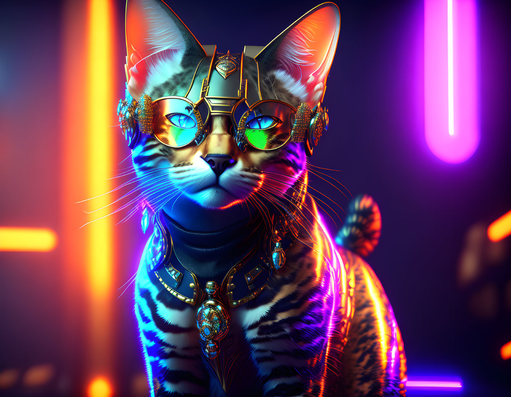 Cat with Sunglasses Digital Artwork on Neon-Light Background