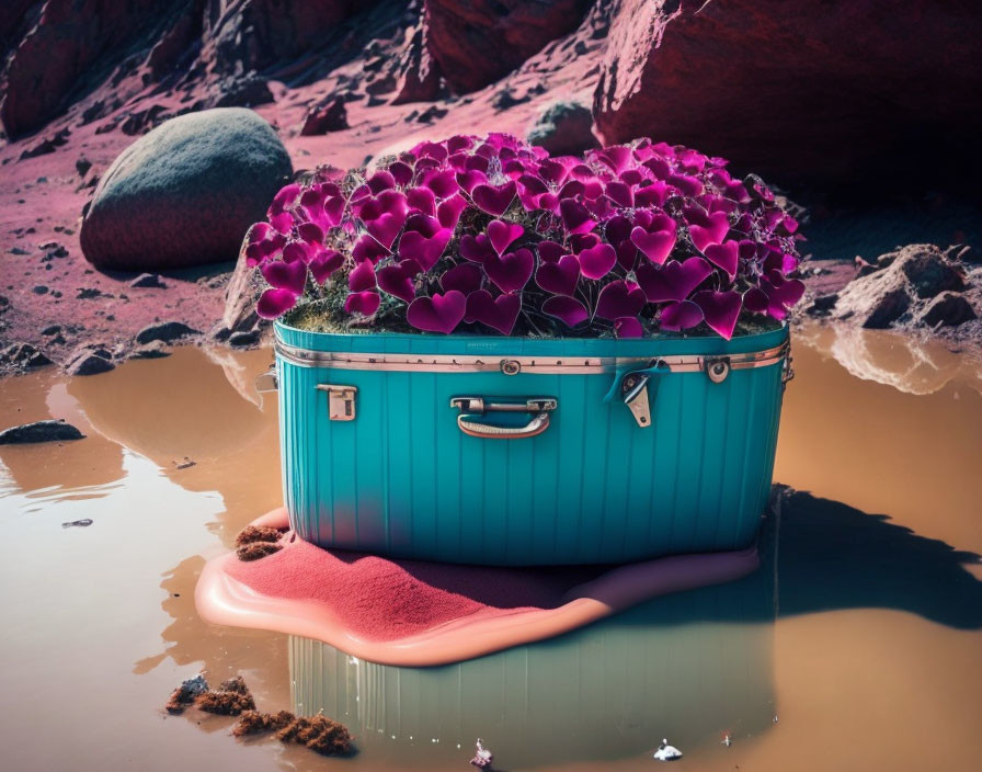 Colorful suitcase with heart-shaped balloons on pink liquid on Mars-like terrain