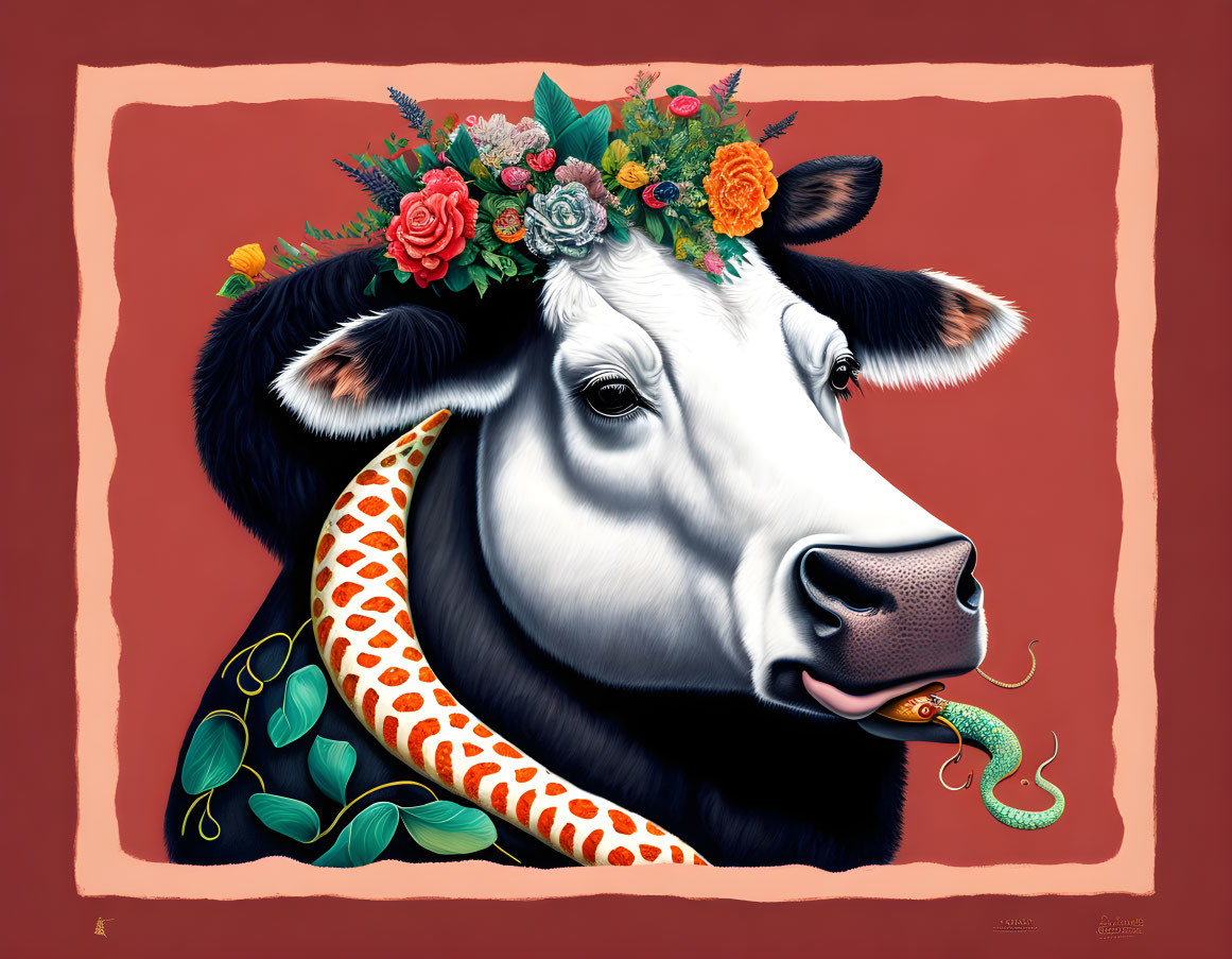 Colorful Cow Illustration with Floral Wreath and Orange Scarf