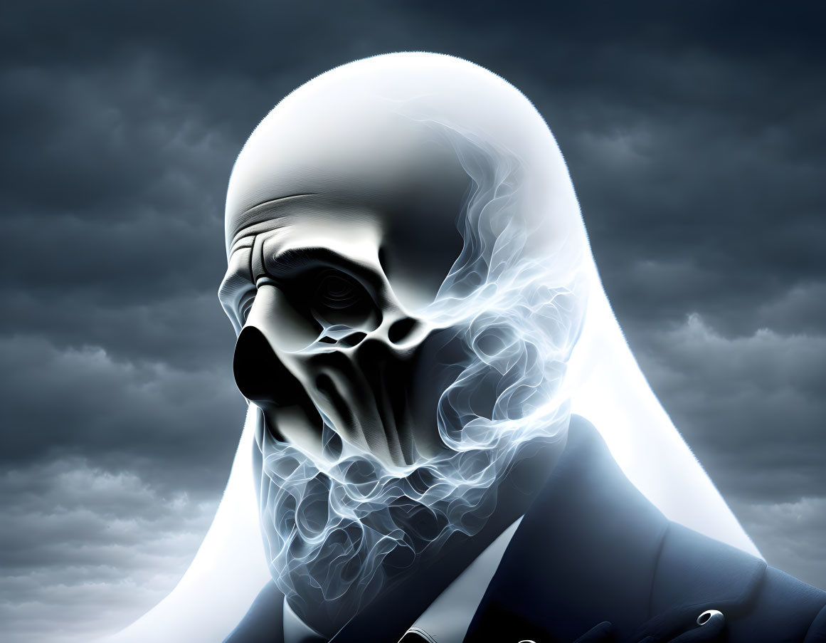 Skull with swirling white vapor on stormy sky background