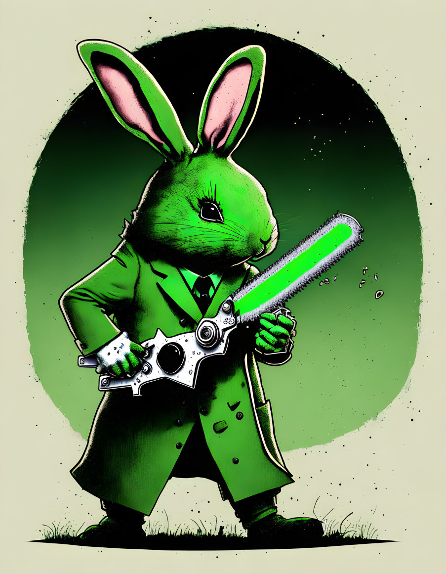 Anthropomorphic rabbit in suit with glowing chainsaw on dark green background