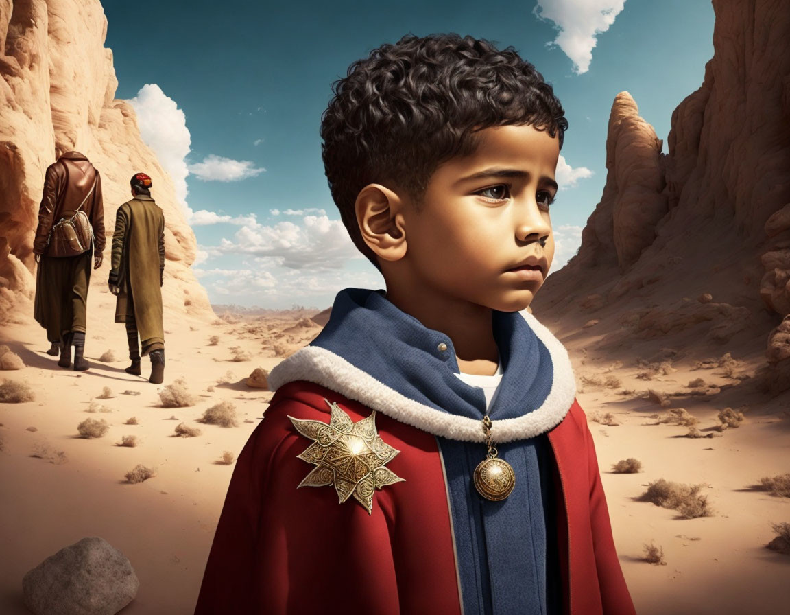 Curly-Haired Boy in Red Cloak with Star Badge in Desert Scene