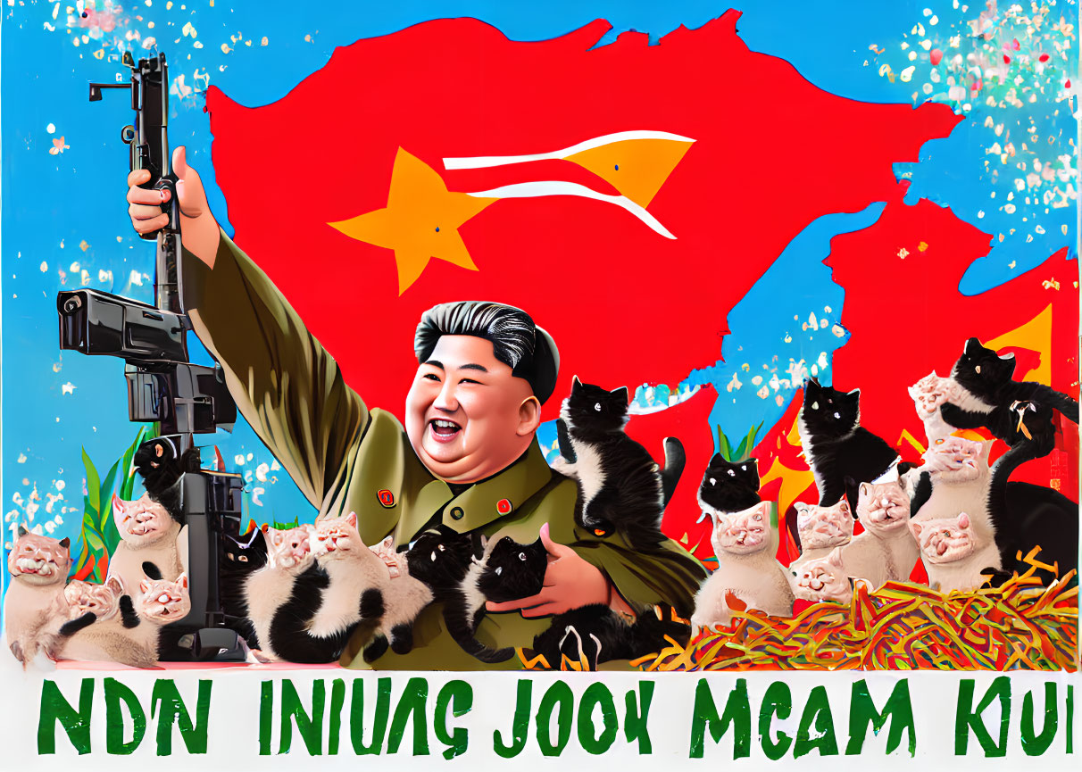 Man in military garb with gun laughing in front of map surrounded by cats and nonsensical text